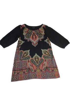 Women's cha cha vente Black Multicolor Paisley 3/4 Sleeve top L